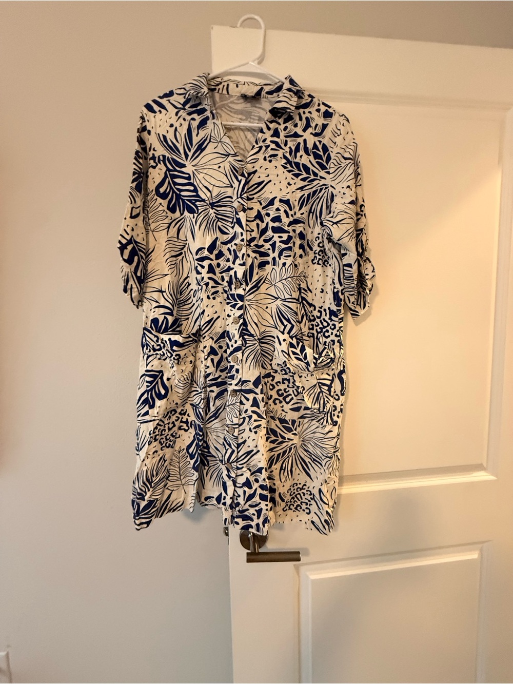 White and Navy Botanical Print Mini Shirt Dress